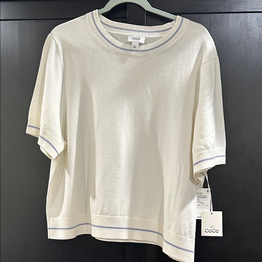 🆕 CeCe Ivory Top with Blue Accents